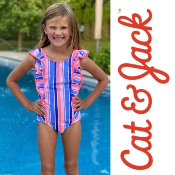 Cat & Jack | Ruffle Sleeve Pom One Piece Swimsuit | Size Large (10/12) - Picture 1 of 7